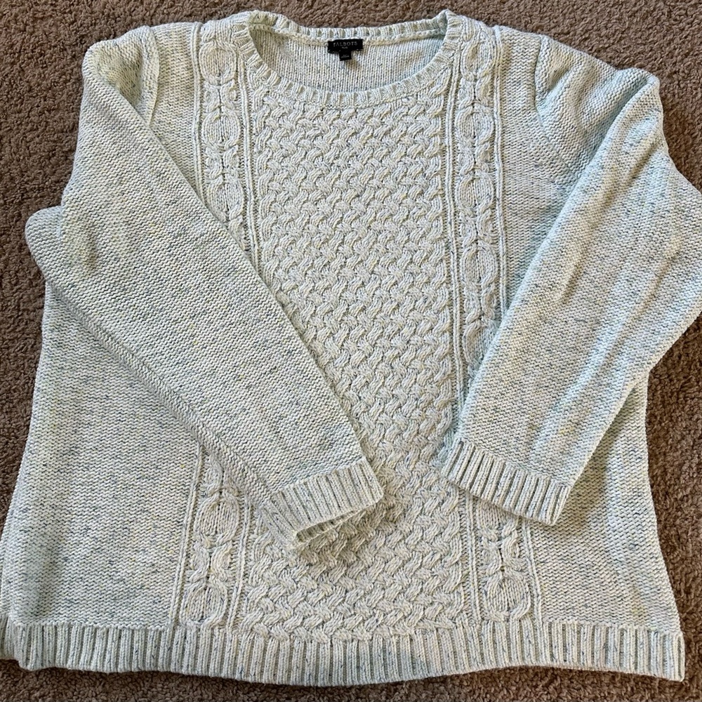 Talbots 2x Women's Cable Knit Sweater - Light Gray/ yellow/ blue hues